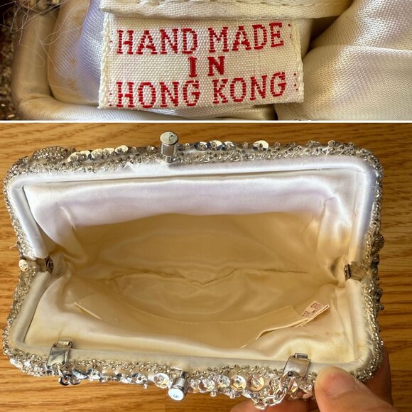 Vintage Handmade Silver Beaded Evening Bag Clutch Kiss Lock with Optional Chain - Picture 7 of 11